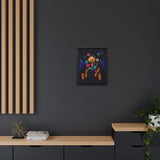 Framed artwork on a dark wall with wooden furniture and plants below.