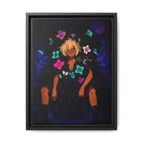 Framed artwork of a person with colorful flowers and butterflies on a dark background