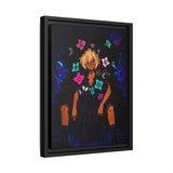 Framed artwork of a person with colorful butterflies on a dark background