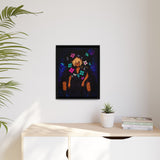 Framed artwork with colorful butterfly design on a white wall above a wooden desk.