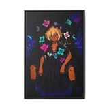 Framed artwork of a person with flowers and abstract designs on a dark background