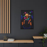 Framed artwork of a person with colorful butterflies on a dark wall.