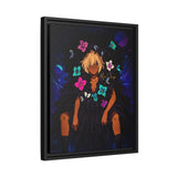 Framed artwork of a stylized character with colorful butterflies on a dark background