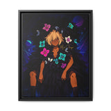 Framed artwork of a character with flowers and abstract elements on a dark background