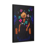 Framed artwork of a stylized character with colorful butterflies on a black background