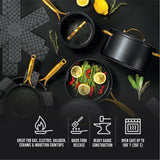 @BuyMartianHome | 12-Piece Nonstick Cookware Set – Black and Gold Pots, Pans & Protectors for Modern Kitchens