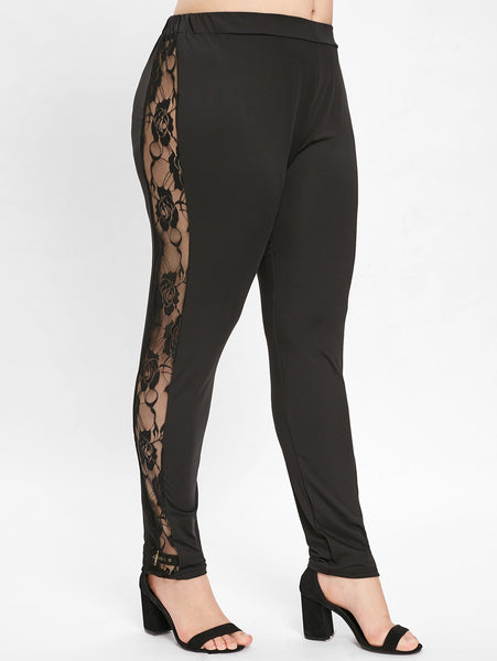 Your Fave Travel Merch | Black Side Lace Panel Plus Size Leggings