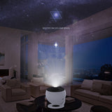 Living room with a star-shaped light projector on a table, projecting a star onto the ceiling.