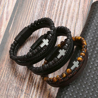 @BuyMartianJewelry | Men's  Natural Tiger Eye Stone Cross Stainless Steel Bracelet