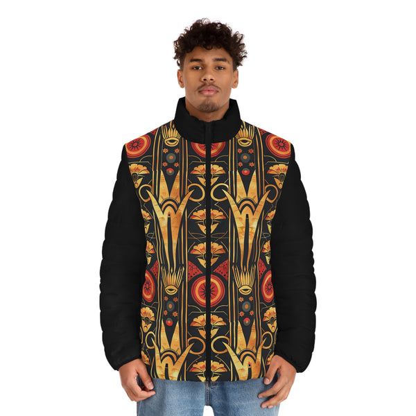 Buy Martian Merch™ | IronEagle 47 African Art Deco Men's Puffer Jacket | Sun of Mars (Red, Gold, Black)