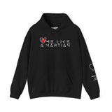 Black hoodie with 'Love Me Like a Martian' text and heart design on a white background