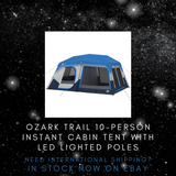 Ozark Trail 10-Person Instant Cabin Tent with LED Lighted Poles - Easy Setup, Spacious