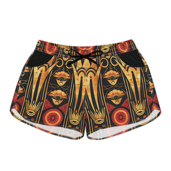 Buy Martian Merch™ | IronEagle 47 African Art Deco Women's Casual Shorts | Sun of Mars (Red, Gold, Black)