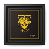 Framed artwork with a yellow illustration of a chest with gold bars on a black background, signed by Max Fuega.