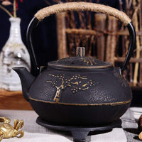 For Tea Lovers | Modern Martian Japanese Peony Plum Blossom Bamboo 900 ML Cast Iron Teapot | Black and Gold