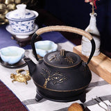 For Tea Lovers | Modern Martian Japanese Peony Plum Blossom Bamboo 900 ML Cast Iron Teapot | Black and Gold