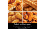 Collage of fried food items with text about guilt-free fried foods and fat content.