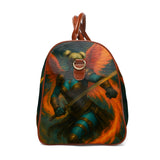 Backpack with a fantasy design of a warrior and dragon on a white background