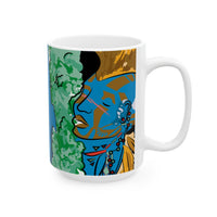 Indigenous Blue Ceramic Mug – 11oz or 15oz | Afrofuturistic Art Coffee Cup by CIQ Designs x Buy Martian Merch™ | Microwave + Dishwasher Safe