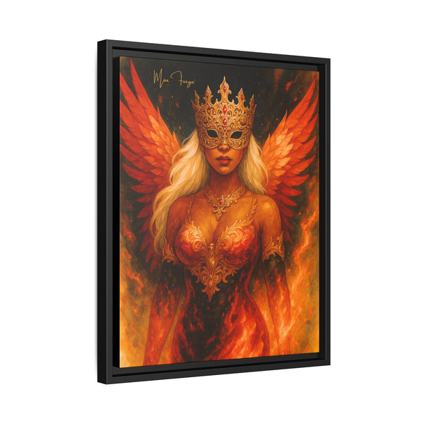 Framed artwork of a woman with angel wings and a crown against a fiery background.