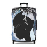 Luggage with a black silhouette design on a white background