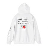 White hoodie with text and a heart design on a white background