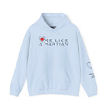 Light blue hoodie with 'Love Me Like A Martian' text and heart design on a white background