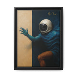 Framed artwork of an astronaut reaching out with one hand against a two-tone background.