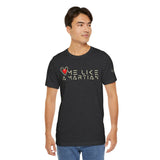 Man wearing a dark heather gray t-shirt with 'Love Me Like A Martian' text and heart graphic on a white background