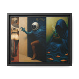 Framed artwork with three panels featuring abstract figures and objects.