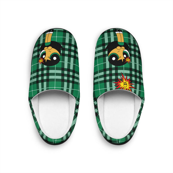 Your Fave Travel Merch | Buttercup Pow Skull Anime Green Plaid Women's Indoor Slippers (Naija Green Version)