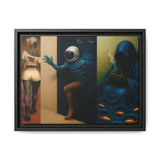 Framed artwork with three panels featuring abstract figures and objects.