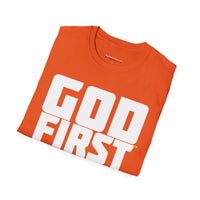 Your Fave Travel Tee | Buy Martian Merch™ | M633™ God First Unisex Softstyle T-Shirt | (FFFFFF Version | Various Colors)