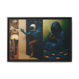 Framed artwork with three panels featuring different scenes.