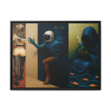 Artistic depiction of a person with an astronaut helmet reaching out to a woman, with another figure in a blue robe holding a bowl over fish.