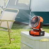 Orange fan on a cooler with a tent and chair in the background