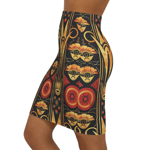 Buy Martian Merch™ | IronEagle 47 African Art Deco Women's Mid-Waist Pencil Skirt | Sun of Mars (Red, Gold, Black)