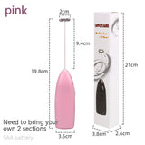 Pink handheld device with measurements and packaging on a white background