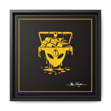 Framed artwork with a yellow alien head holding gold bars on a black background