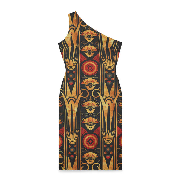 Buy Martian Merch™ | IronEagle 47 African Art Deco Women's Shoulder Dress | Sun of Mars (Red, Gold, Black)