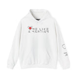 White hoodie with text and heart designs on a white background