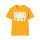 Your Fave Travel Tee | Buy Martian Merch™ | M633™ God First Unisex Softstyle T-Shirt | (FFFFFF Version | Various Colors)