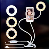 Clamp-On LED Ring Light with Phone Holder, 3 Color Modes, 10 Brightness Levels, USB Powered Desk Light for Video Calls, Makeup, Streaming, and Content Creation
