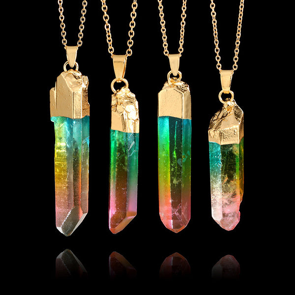 @BuyMartianJewelry | @MaxGardenGalax | Original Mixed Spectrum Stone Cylindrical Crystal Pendant Necklace w/ Gold Rim | Great Gift For Women