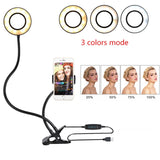 Clamp-On LED Ring Light with Phone Holder, 3 Color Modes, 10 Brightness Levels, USB Powered Desk Light for Video Calls, Makeup, Streaming, and Content Creation
