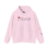Pink hoodie with text and heart designs on a white background