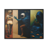 Triptych painting with abstract figures and a woman in a white dress.