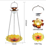 Planetary Pets™ | Solar Hanging Bird Bath for Outdoors | 24-Inch Glass Feeder with Sunflower Design & Crackle Ball Light | Waterproof Garden Accent