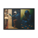 Framed artwork with a surreal scene featuring an astronaut, a woman, and a cloaked figure with fish.