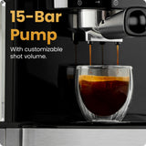 Chefman CraftBrew Espresso Machine 15-Bar w/ Steam Wand | Latte & Cappuccino Maker w/ Touch Controls – Stainless Steel